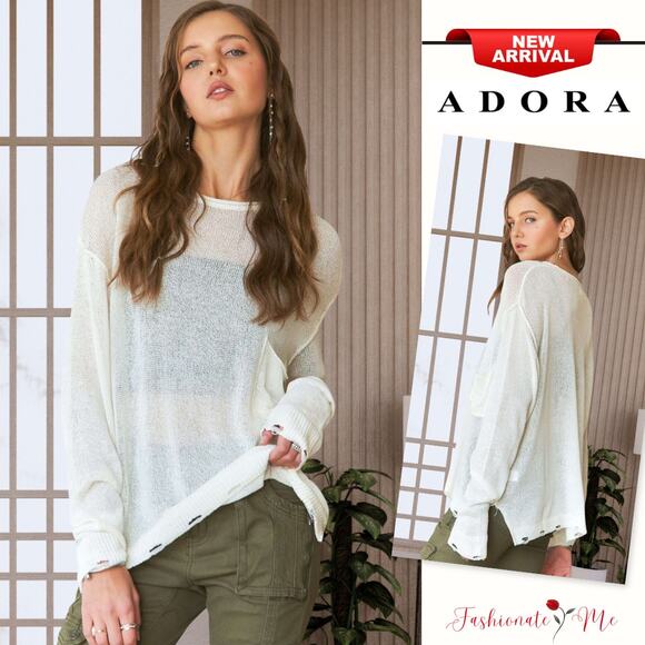 ADORA Vintage Edge Drop Shoulder Lightweight Loose Pullover Sweater | Off White - Picture 1 of 5